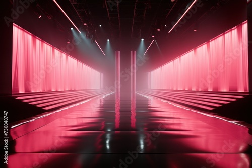 stage with spotlight. Runway for fashion show with pink neon lighting. Nightlife scene background.