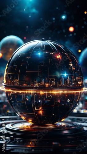 The sphere with the city inside  lit in orange and blue  stands on a dark surface. In the background are 3 other spheres  slightly out of focus. 
