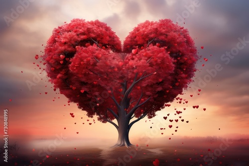 tree with red painted hearts as leaves foliage realistic cinematic illustration. Valentines day romantic  card. Growing and building healthy relationship.  © Dina