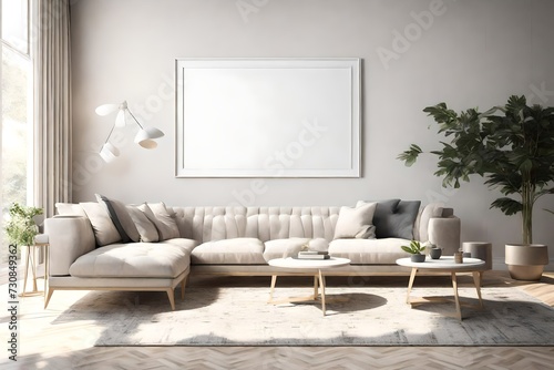 Bask in the simplicity of this 3D-rendered living room, featuring a sleek sofa, an empty wall mockup, and a white blank frame, setting the stage for personalized elegance.