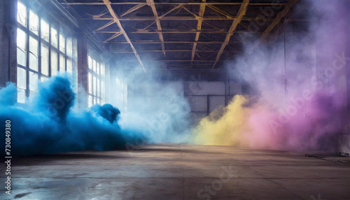 Inside an empty warehouse, clouds of bright multi-colored blue, purple, pink, yellow smoke float in the air.