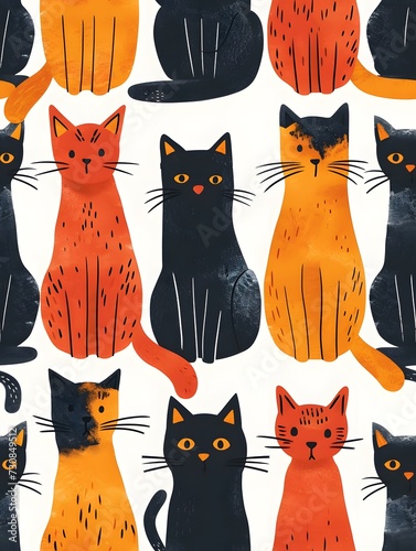 seamless pattern with cute funky cat illustration for wallpaper, textile, background