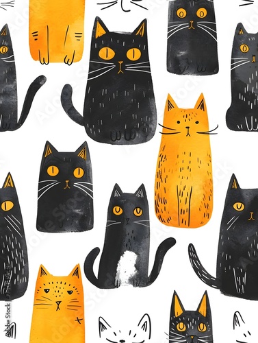 seamless pattern with cute funky cat illustration 