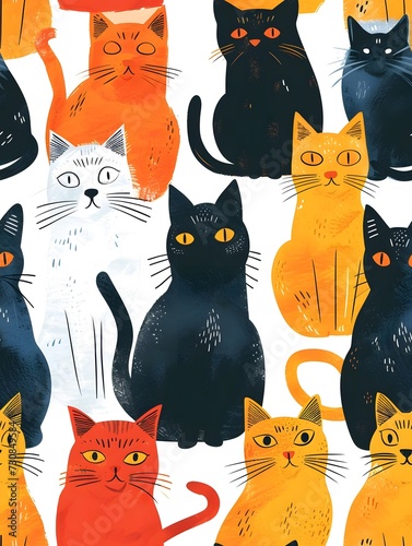 seamless pattern with simple cute cat illustration black and yellow theme color