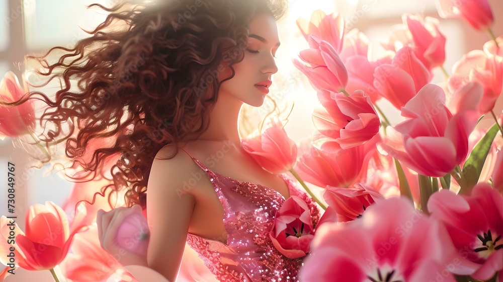Elegant woman surrounded by pink tulips enjoying nature. dreamy soft light portrait. ideal for beauty themes and floral backgrounds. AI