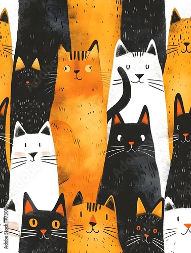 seamless pattern with simple cute cat illustration black and yellow theme color