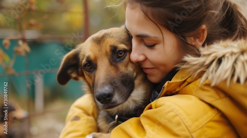 Female volunteer with homeless dog at animal shelter outdoors