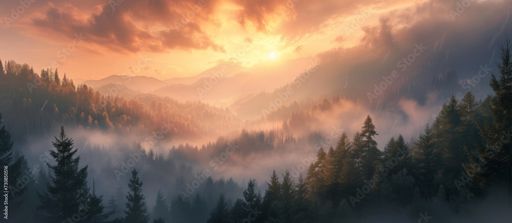 Gorgeous landscape featuring foggy forest and mountain sunset view.
