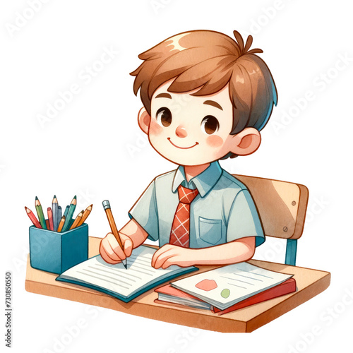 Watercolor cute schoolboy writing a notebook. schoolboy doing a homework. Back-To-School Concept. School elements clipart.