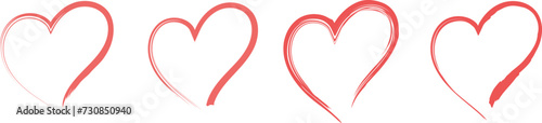 4 red hearts painted with a brush on a white background. 4 contoured hearts drawn with an outline on a white background. Vector graphics. Illustration EPS 10 photo