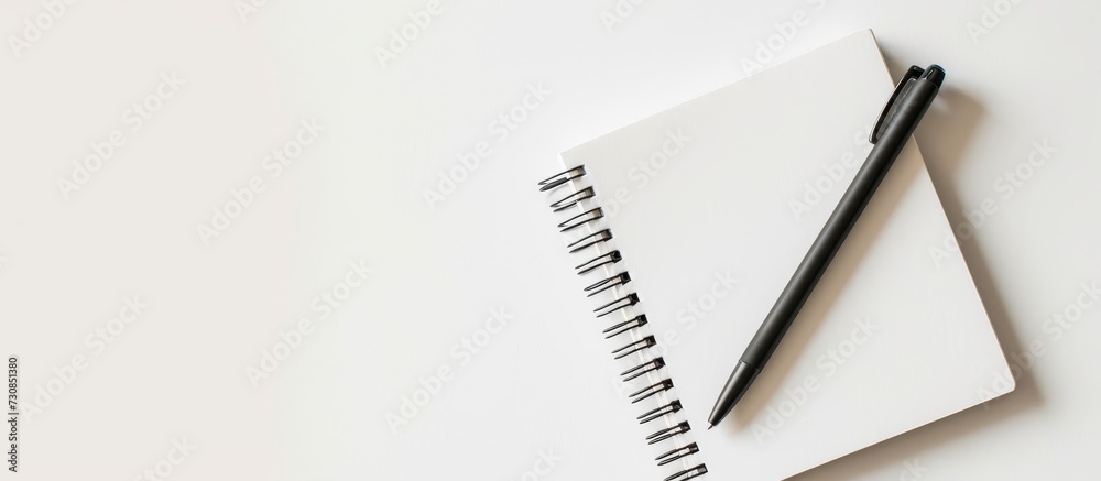 A pen rests on a white table, atop a notebook, a ring binder, surrounded by office supplies such as paper products and writing tools.
