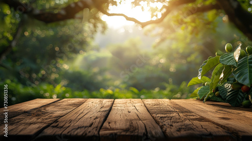 Empty wooden table in a coffee tree farm with a sunny  blur garden background with a country outdoor theme. Template mockup for the display of the product.