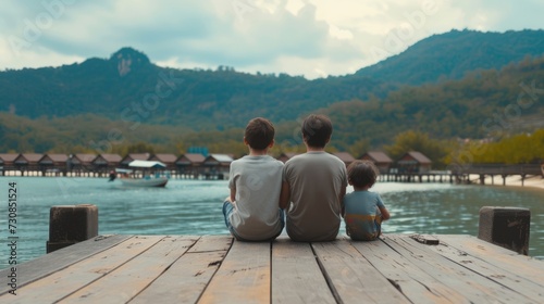 three young boys sitting at beach on wooden blanks in beautiful landscape