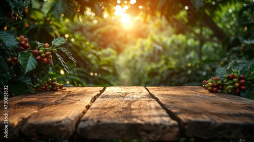 Empty wooden table in a coffee tree farm with a sunny, blur garden background with a country outdoor theme. Template mockup for the display of the product.