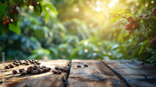 Empty wooden table in a coffee tree farm with a sunny  blur garden background with a country outdoor theme. Template mockup for the display of the product.