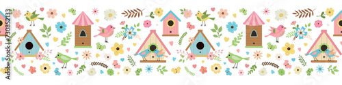 Cute bird houses and birds, vector seamless pattern. Spring nature graphic. Isolated on white background
