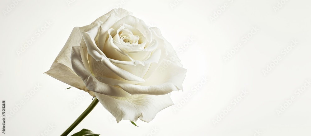 Fototapeta premium The flower is a single white rose with a green stem, belonging to the Rose family. It is a hybrid tea rose and a cut flower commonly used in gardens.