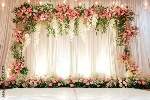A stage with a curtain that says flowers on it
