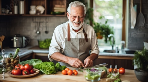 Smiling Happy senior gray-haired man dishes and salads in the kitchen. The concept of retirement, people with hobbies, a healthy lifestyle.