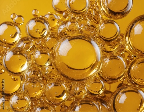 Golden yellow bubble oil or serum isolated on yellow background.