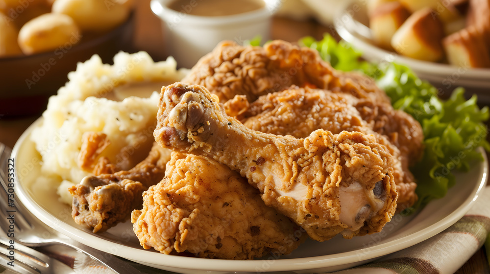 A plate of crispy fried chicken, with a side of mashed potatoes and gravy. A plate of crispy fried chicken, with a side of mashed potatoes and gravy.
