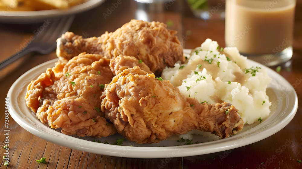 A plate of crispy fried chicken, with a side of mashed potatoes and gravy. A plate of crispy fried chicken, with a side of mashed potatoes and gravy.