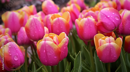 Vibrant spring tulips with dew drops #730853357