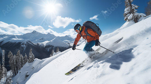 Skier descending a snow-covered mountain slope