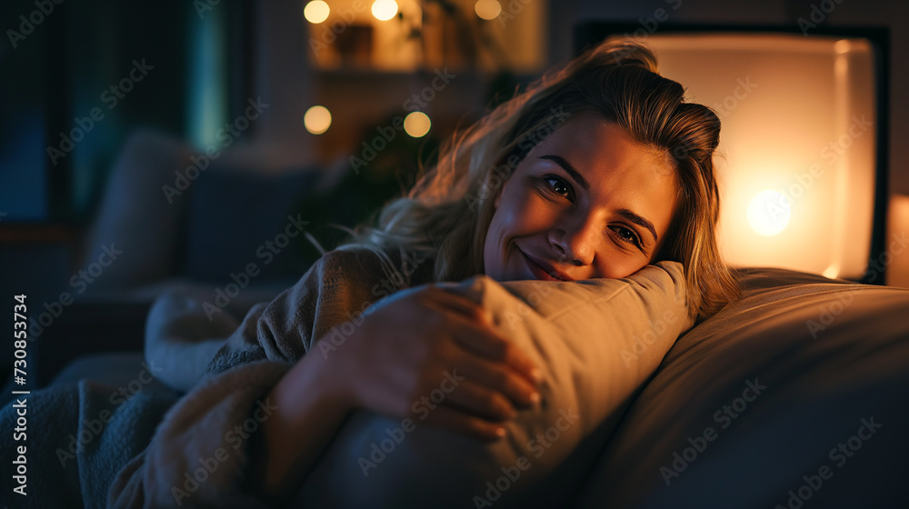 A cute young woman on the sofa, cuddling a pillow with a smile, the TV reflecting in her eyes