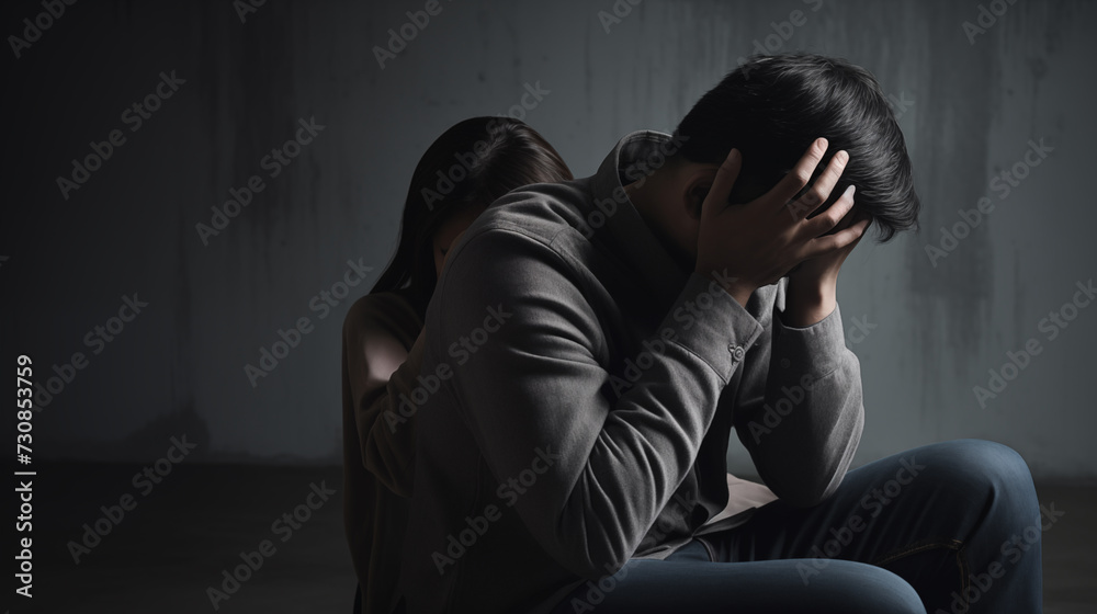 A man standing by a distraught woman sitting with her head in her hands, depicting themes of support and companionship in times of trouble. A man standing by a distraught woman sitting with her head in her hands, depicting themes of support and companionship in times of trouble.