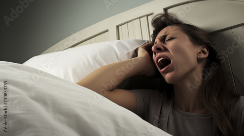 A woman in bed, frustrated and sleep-deprived, holding a pillow over her ears to drown out the man's snoring next to her.