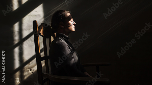 A shadowy figure of a woman bound to an antique wooden chair, a beam of light casting dramatic shadows and highlighting her resolute expression amid the darkness