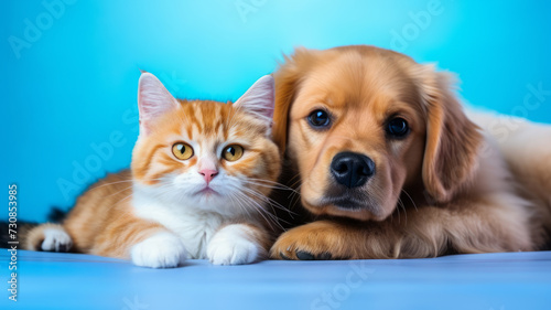 Perro y gato amigos en fondo azul. © ACG Visual