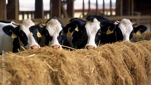 Cows in a row eating hay, showcasing farm animal routine