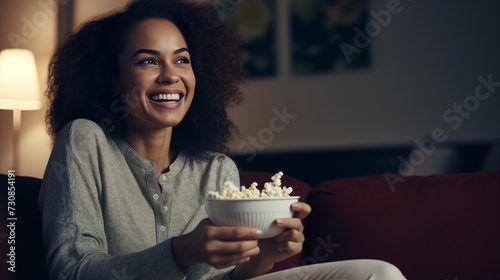 Cheerful lady having popcorn while watching TV © XaMaps