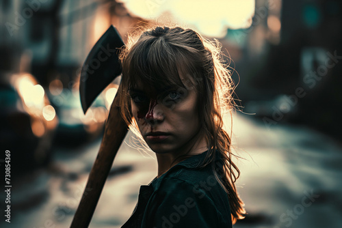 Wounded woman with axe on street, bloodied face, determination. © XaMaps