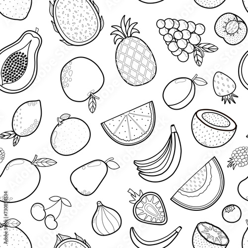 Fresh fruits black and white seamless pattern in cartoon style. Apple, bananas, mandarin, pineapple outline background. Doodle food print for fabric and textile. Vector illustration photo