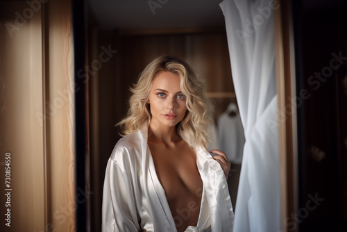 Surprised blonde woman in white silk robe at hotel.