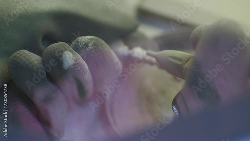 A man's reflection in the glass. Close up. Dental technician polishing artificial ceramic teeth using sandblaster in the dental lab. photo