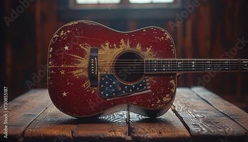 Vintage Guitar with American Flag Sticker Generative AI