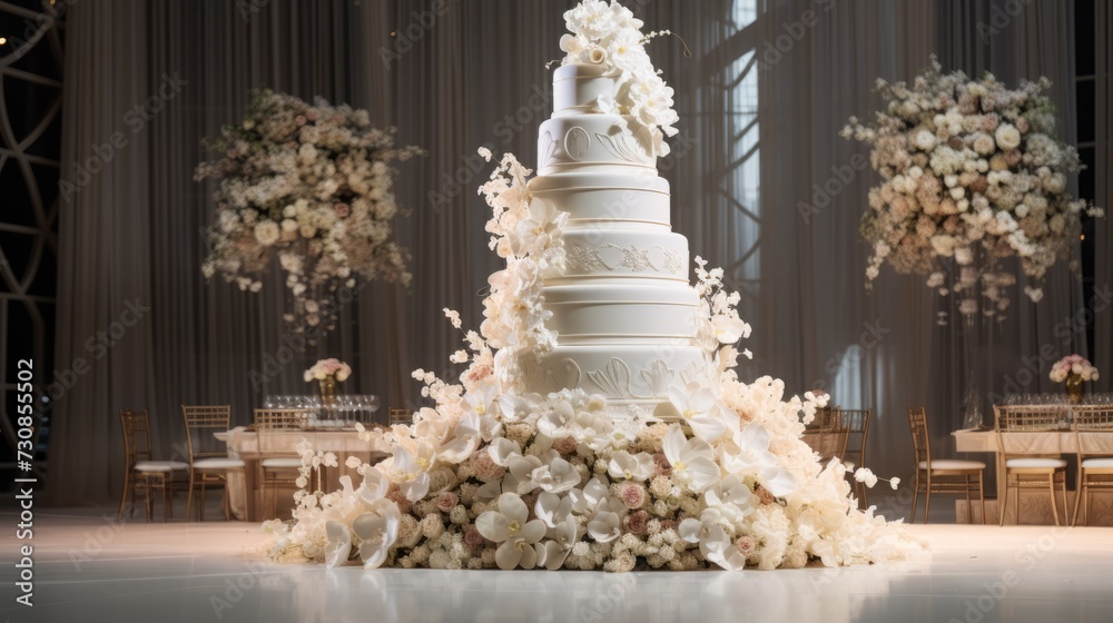 A large delicious multi-storey white wedding cake decorated with flowers in the banquet hall. A large delicious multi-storey white wedding cake decorated with flowers in the banquet hall.