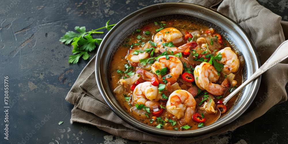 Spicy Shrimp Gumbo with Rice. A savory bowl of shrimp gumbo with rice, bell peppers, and fresh parsley, copy space.