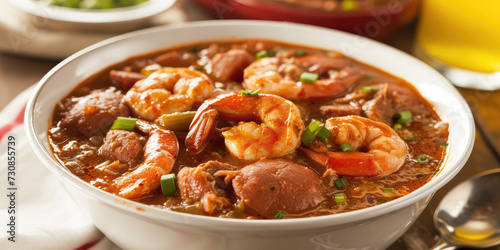 Spicy Shrimp Gumbo with Rice. A savory bowl of shrimp gumbo with rice, bell peppers, and fresh parsley, copy space.