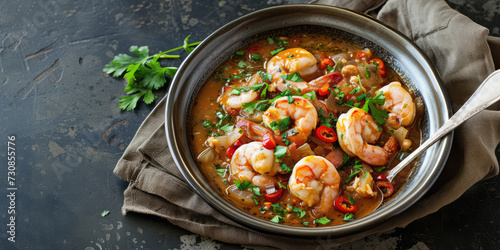 Spicy Shrimp Gumbo with Rice. A savory bowl of shrimp gumbo with rice, bell peppers, and fresh parsley, copy space.