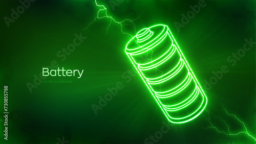 Battery icon with electrical energy glow effect. Green Energy. Charging point station. Rechargeable accumulator. Battery power supply background. Electric discharge effects. Vector illustration.