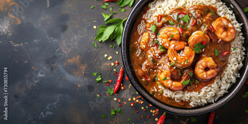 Spicy Shrimp Gumbo with Rice. A savory bowl of shrimp gumbo with rice, bell peppers, and fresh parsley, copy space. photo