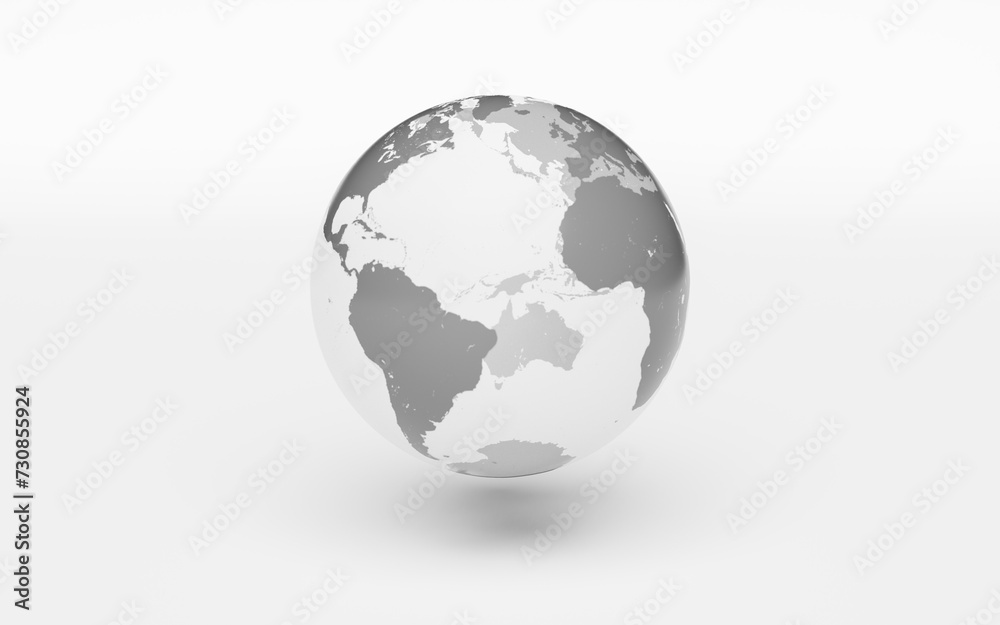 Earth with dark grey continents and transparent oceans on grey background. 3d rendering