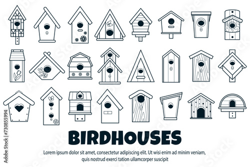 Simple black and white icons of wooden birdhouses. Large, big set of houses for birds, bird feeder of various shapes. Template banners for Bird Day, Nature protection. Vector illustration