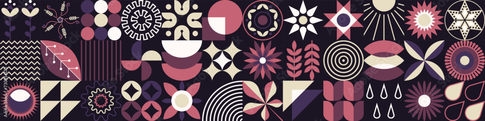 Spring set of 36 icons related to abstract geometric conceptual patterns. Flowers of a simple shape in the old style of Ukrainian embroidery. Scandinavian style. Mosaic style. Purple tones - obrazy, fototapety, plakaty 