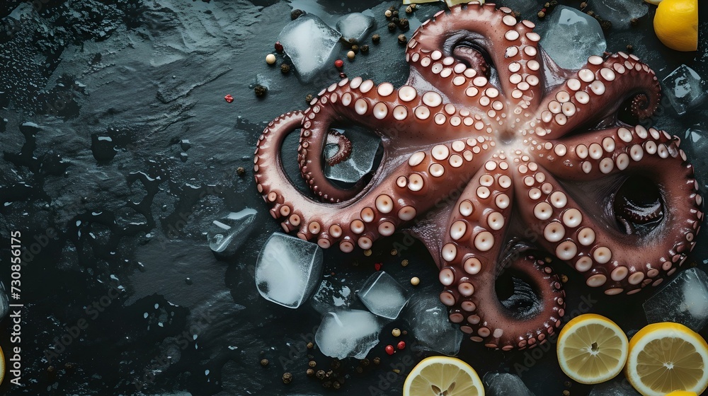 Fresh octopus on dark icy surface, surrounded by lemon slices. seafood delicacy in moody setting. ideal for culinary concepts. AI